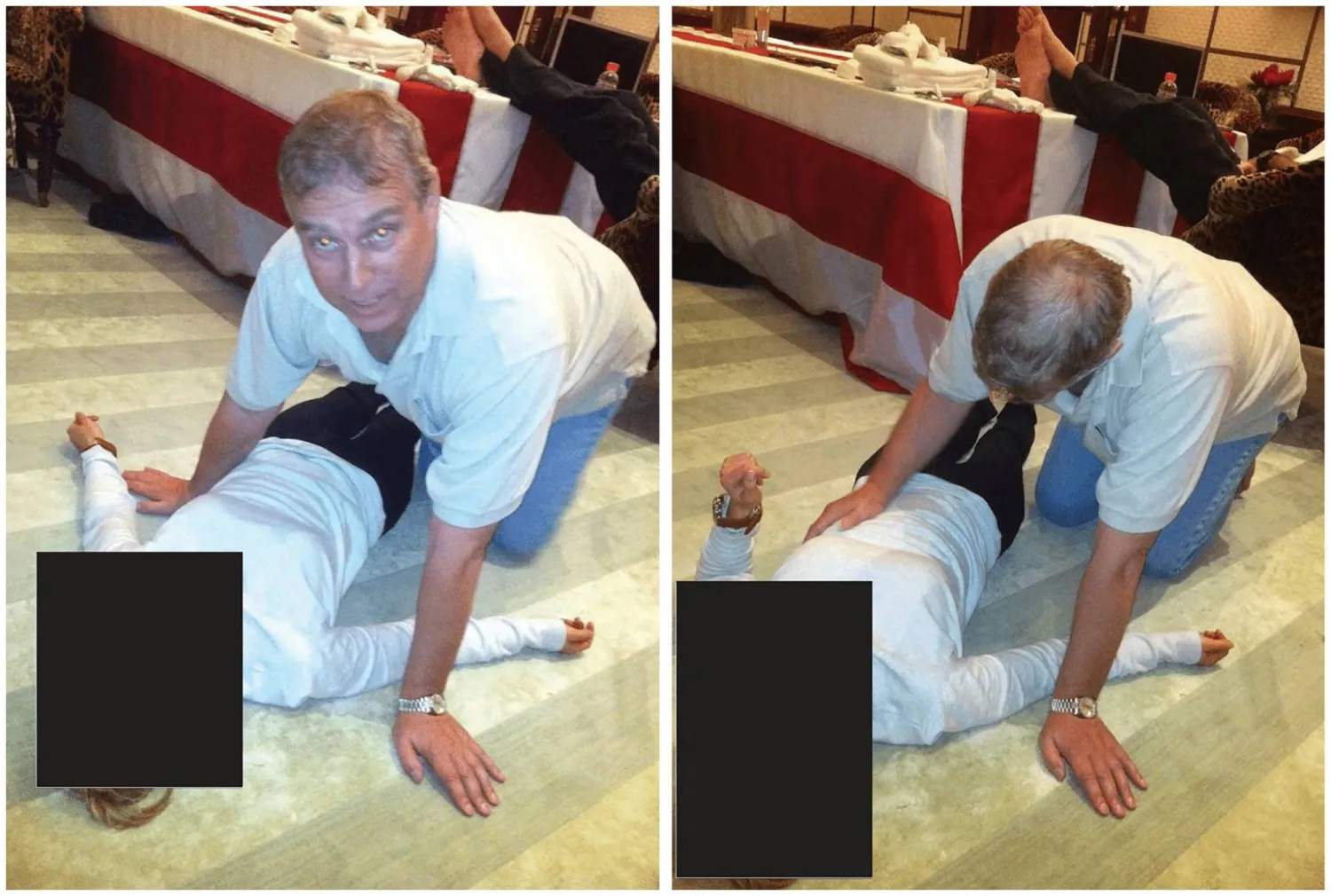 صورتان جديدتان تم الكشف عنهما في ملفات إبستين تظهران أندرو وهو زاحف على يديه وركبتيه ويلمس خصر امرأة مجهولة الهوية (رويترز)