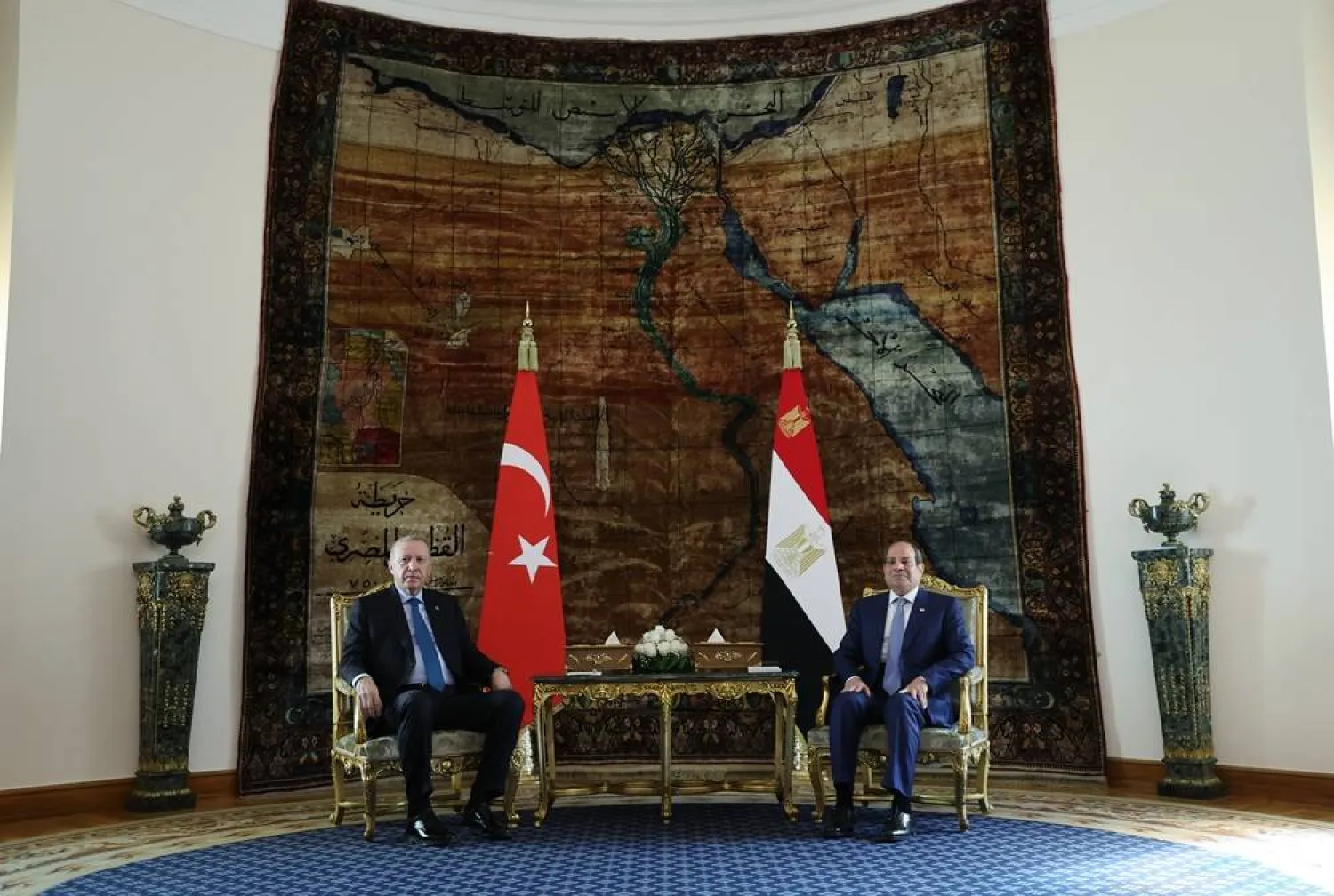 A handout photo made available by the Turkish Presidential press office shows Egyptian President Abdel Fattah al-Sisi (R) and Turkish President Recep Tayyip Erdogan (L) posing before their meeting in Cairo, Egypt, 04 February 2026. (EPA/ Turkish Presidential Press Office Handout) 