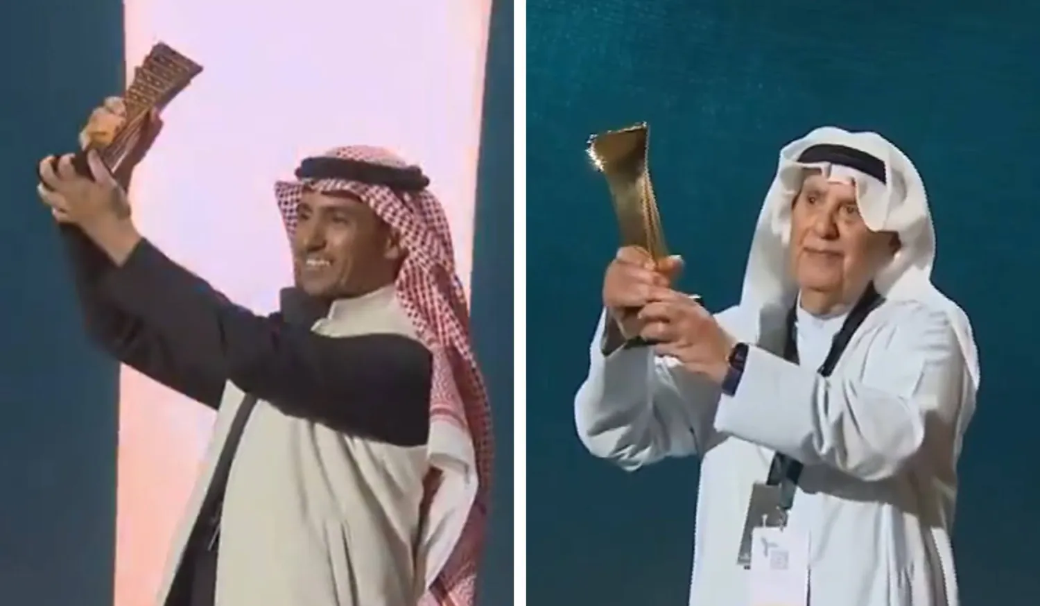 الكاتب محمد الرميحي والمحرر عبد الهادي حبتور يحتفلان بالجائزتين (الشرق الأوسط)