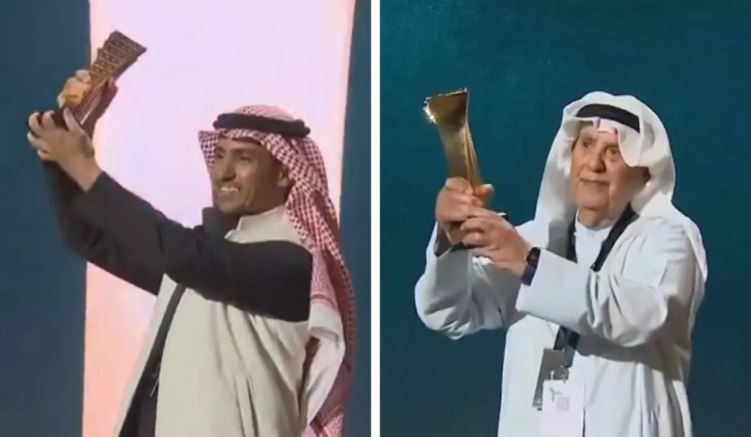 Yazar Muhammed Rumeyhi ve editör Abdulhadi Habtur, kazandıkları ödüllerle (Şarku’l Avsat)