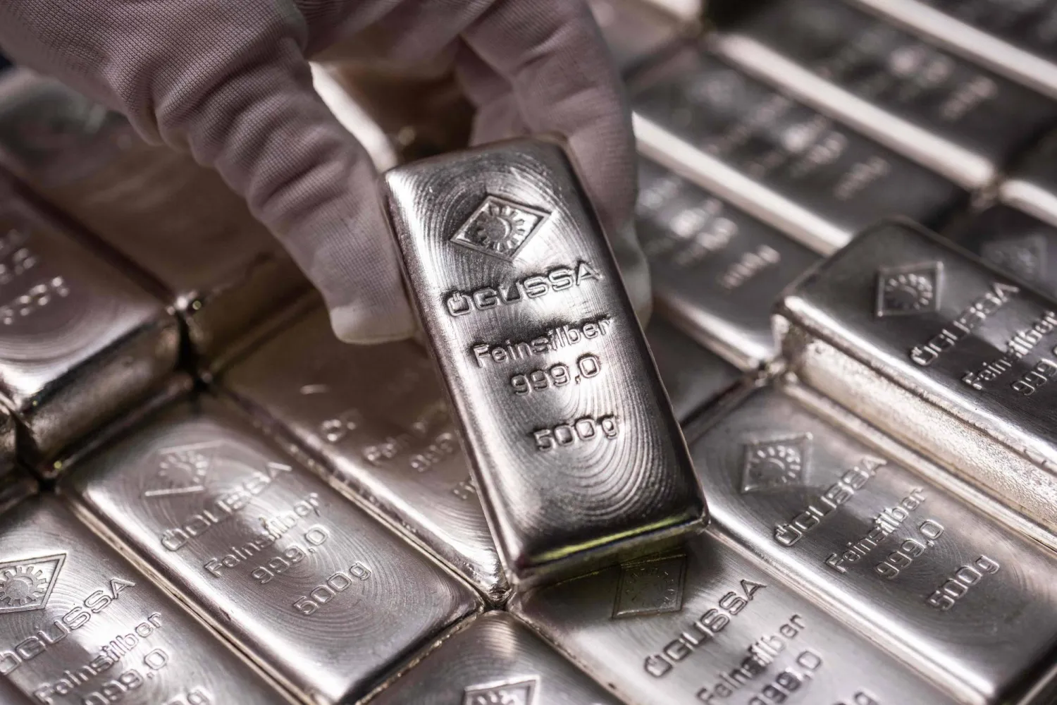 Silver bars weighing 500 grams are displayed at the Austrian Gold and Silver Refinery (Oegussa) in Vienna, Austria, on February 3, 2026. (Photo by GEORG HOCHMUTH / APA / AFP) / Austria OUT