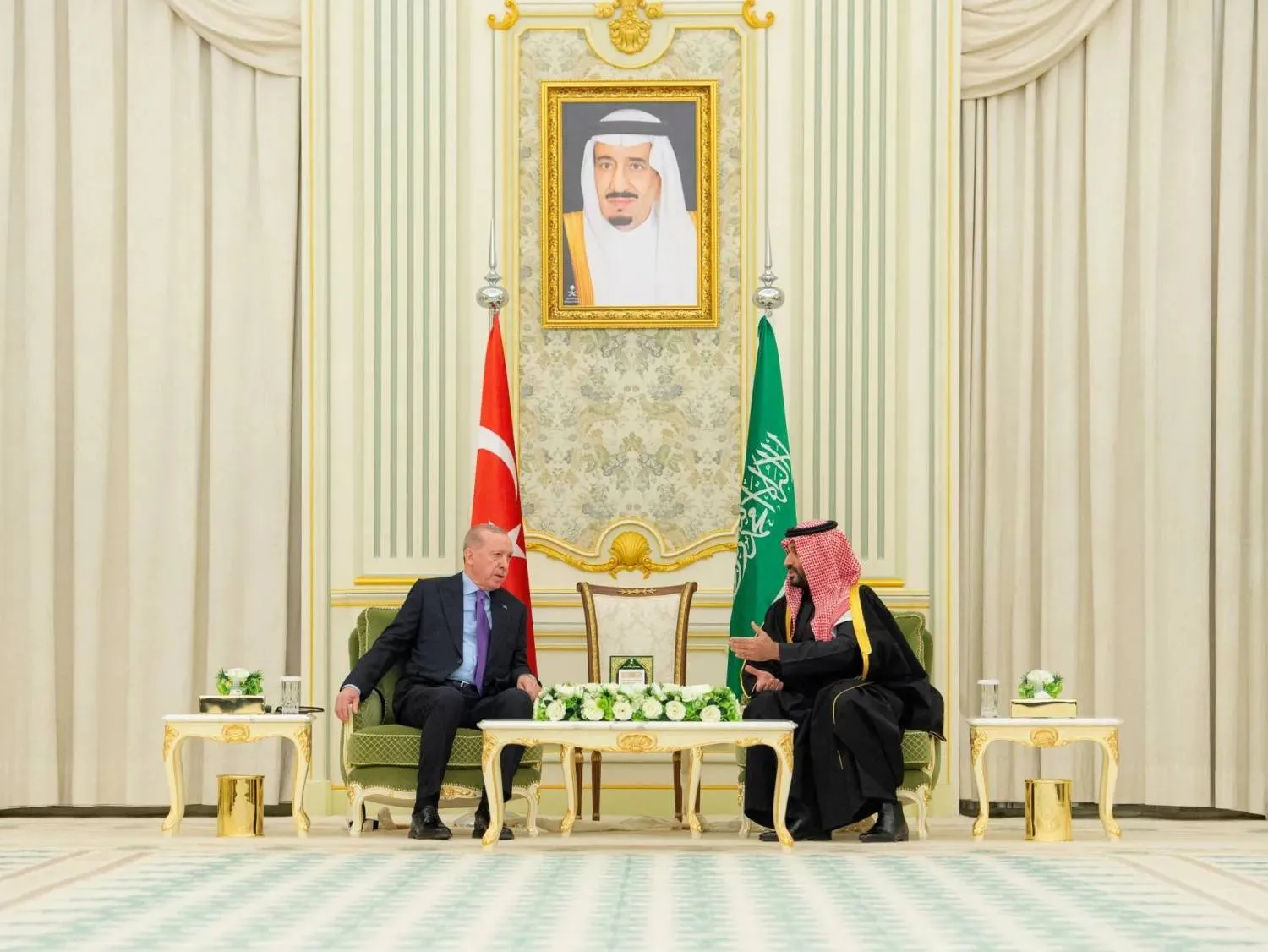 جانب من اجتماع ولي العهد السعودي محمد بن سلمان والرئيس التركي رجب طيب إردوغان في الرياض في 3 فبراير (الرئاسة التركية)