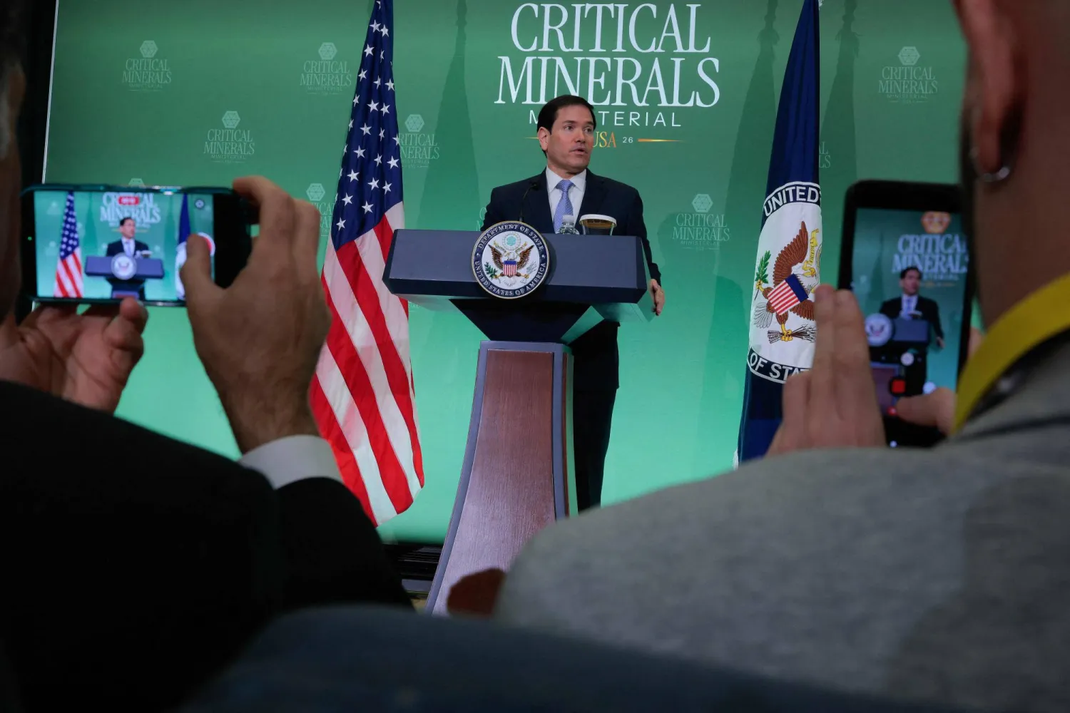 وزير الخارجية الأميركي ماركو روبيو خلال الإعلان عن التكتل التجاري للمعادن الحيوية في واشنطن (أ.ف.ب)