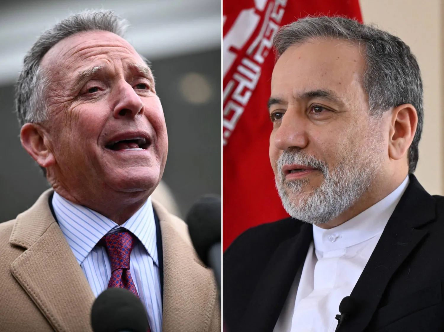 (COMBO) This combination of file photos created on April 9, 2025, shows US Middle East envoy Steve Witkoff speaking to reporters outside the West Wing of the White House in Washington, DC, on March 6, 2025 (L), and Iran's Foreign Minister Abbas Araghchi speaking to AFP during an interview at the Iranian consulate in Jeddah on March 7, 2025. (Photo by Mandel NGAN and Amer HILABI / AFP)