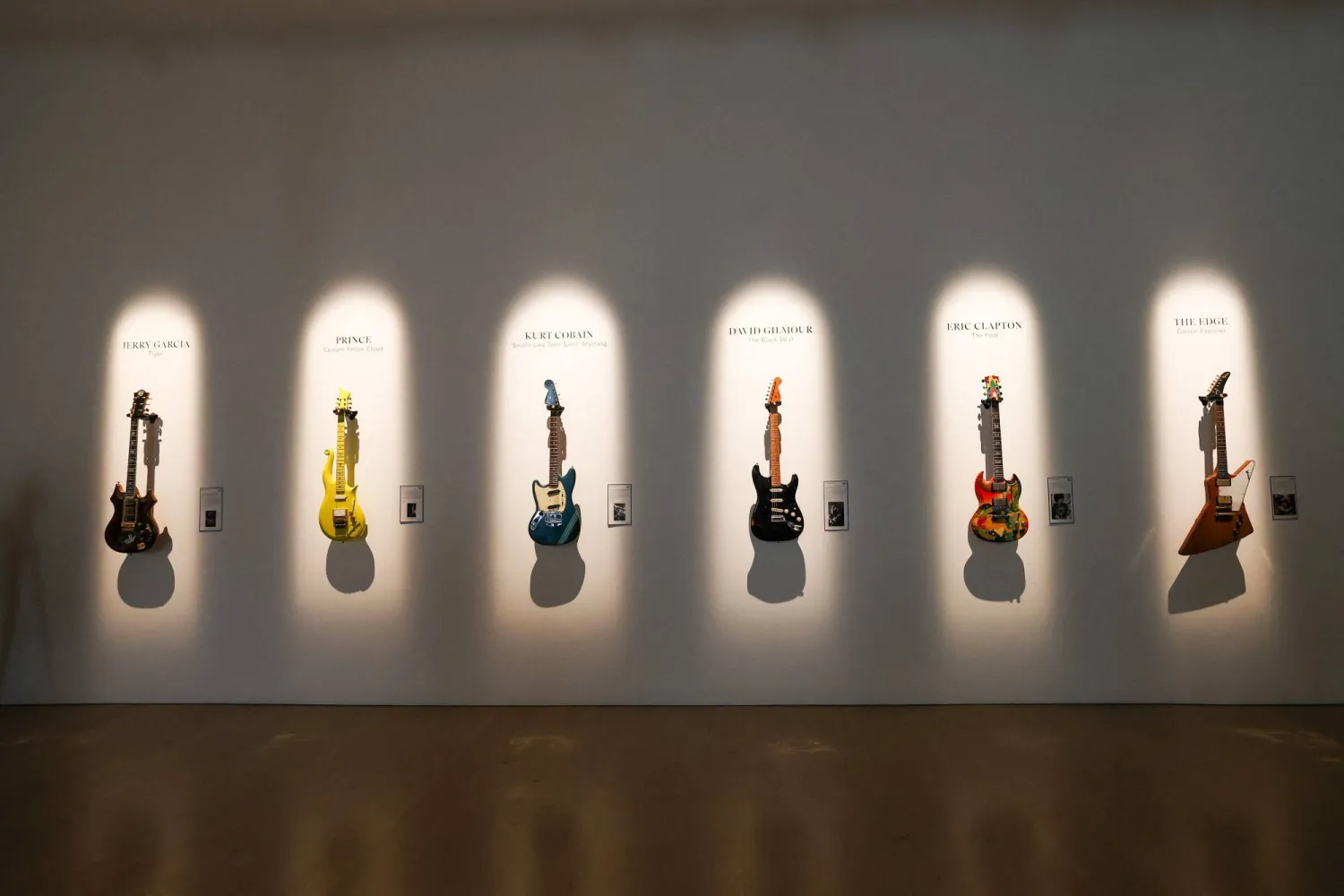 Guitars are displayed during a press preview of The Jim Irsay Collection at Christie's Los Angeles in Beverly Hills, California, on February 5, 2026. (Photo by VALERIE MACON / AFP)