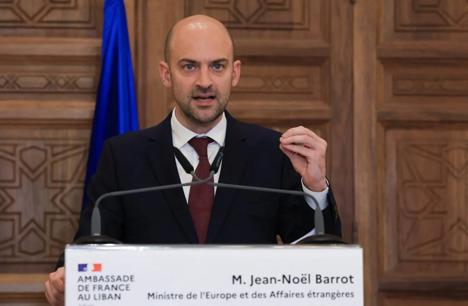  French Minister for Europe and Foreign Affairs Jean-Noel Barrot holds a press conference at the Pine Residence, the official residence of the French ambassador to Lebanon, in Beirut, Lebanon February 6, 2026. (Reuters)