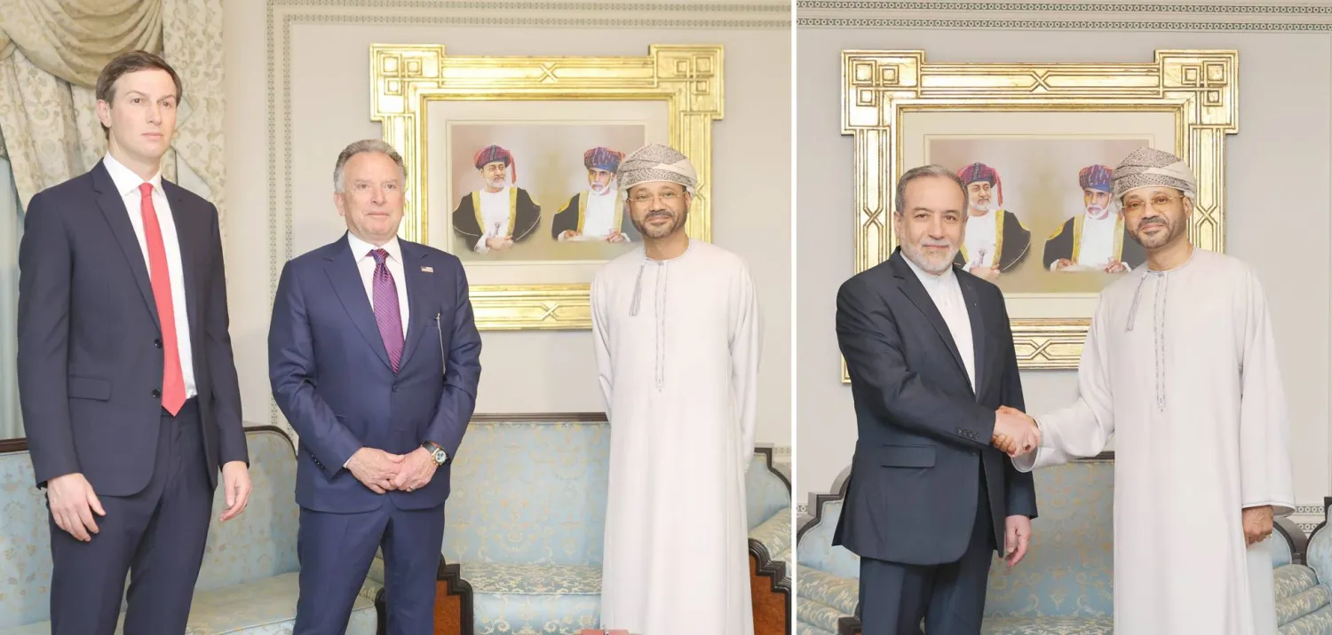 صورة مركبة لاستقبال وزير خارجية عُمان البوسعيدي نظيره الإيراني عراقجي (يمين) ثم لاستقباله المبعوث الأميركي ويتكوف وكوشنر قبل بدء المباحثات في مسقط أمس (إ.ب.أ)