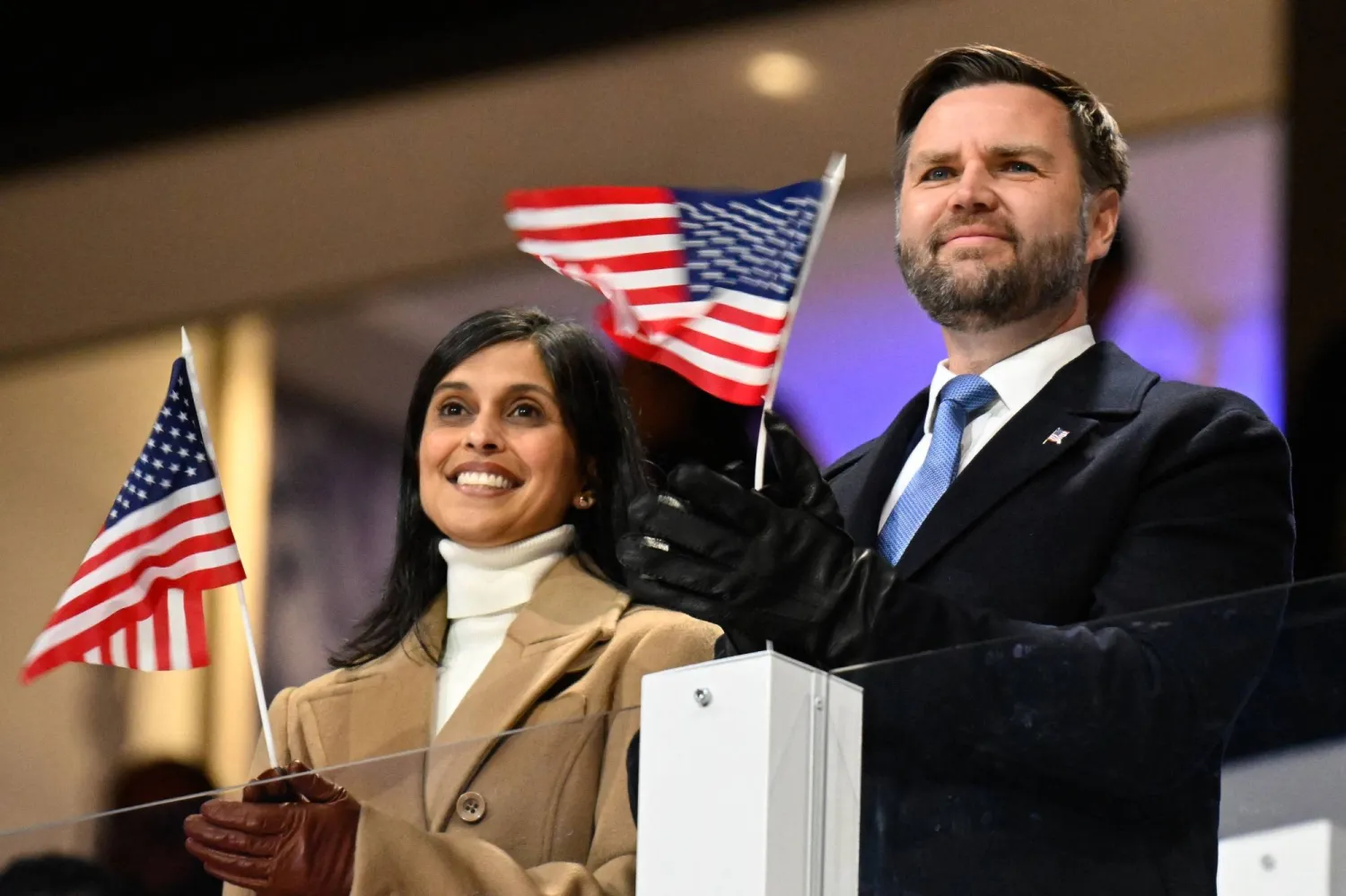 US Vice President JD Vance and US second lady Usha Vance watch the opening ceremony of the Milano Cortina 2026 Winter Olympic Games at the San Siro stadium in Milan, northern Italy, on February 6, 2026. (AFP)