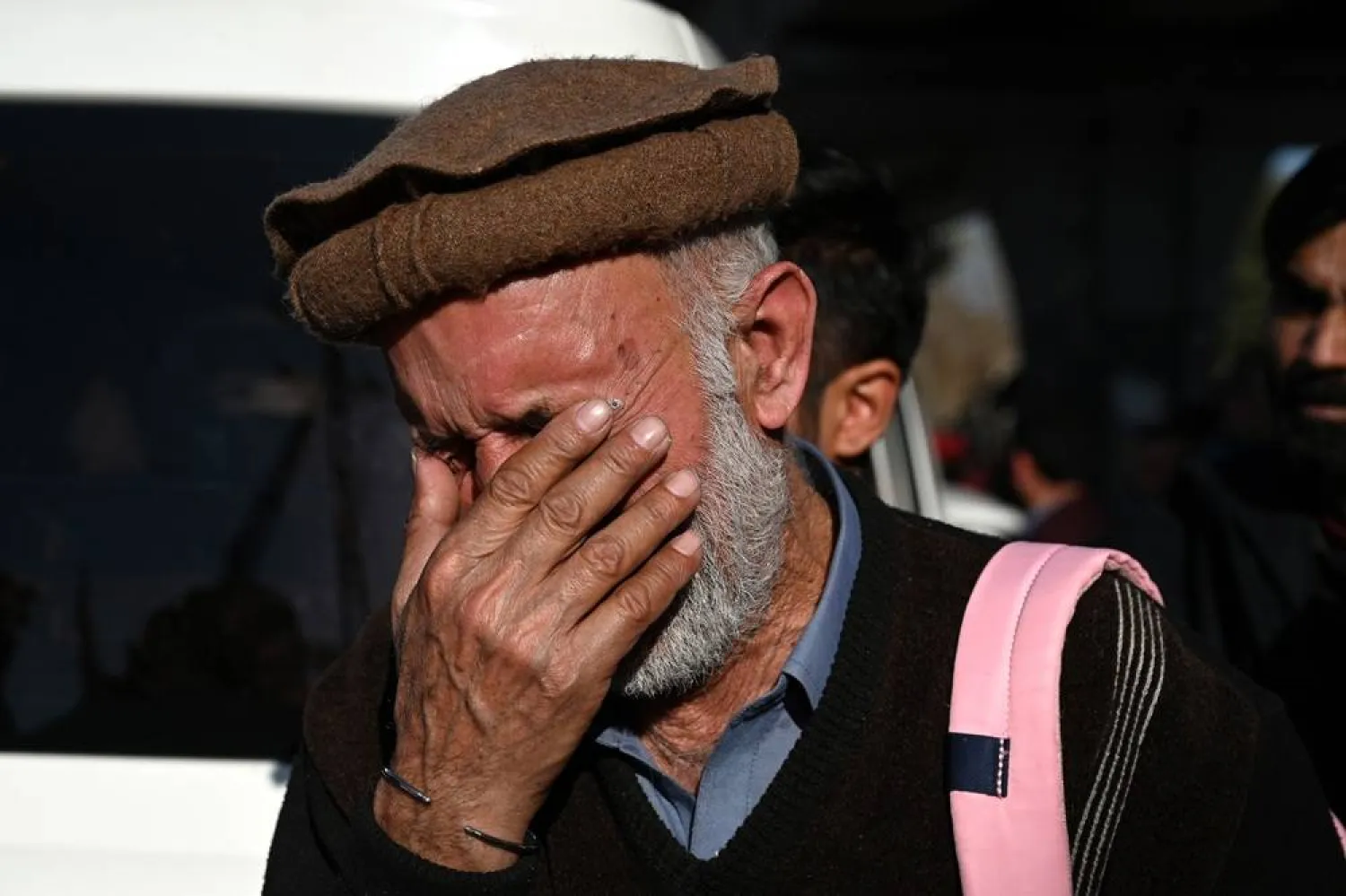 A Pakistani man reacts as people attend a protest against the suicide bomb blast that killed dozens of people, in Peshawar, Pakistan, 07 February 2026. (EPA)