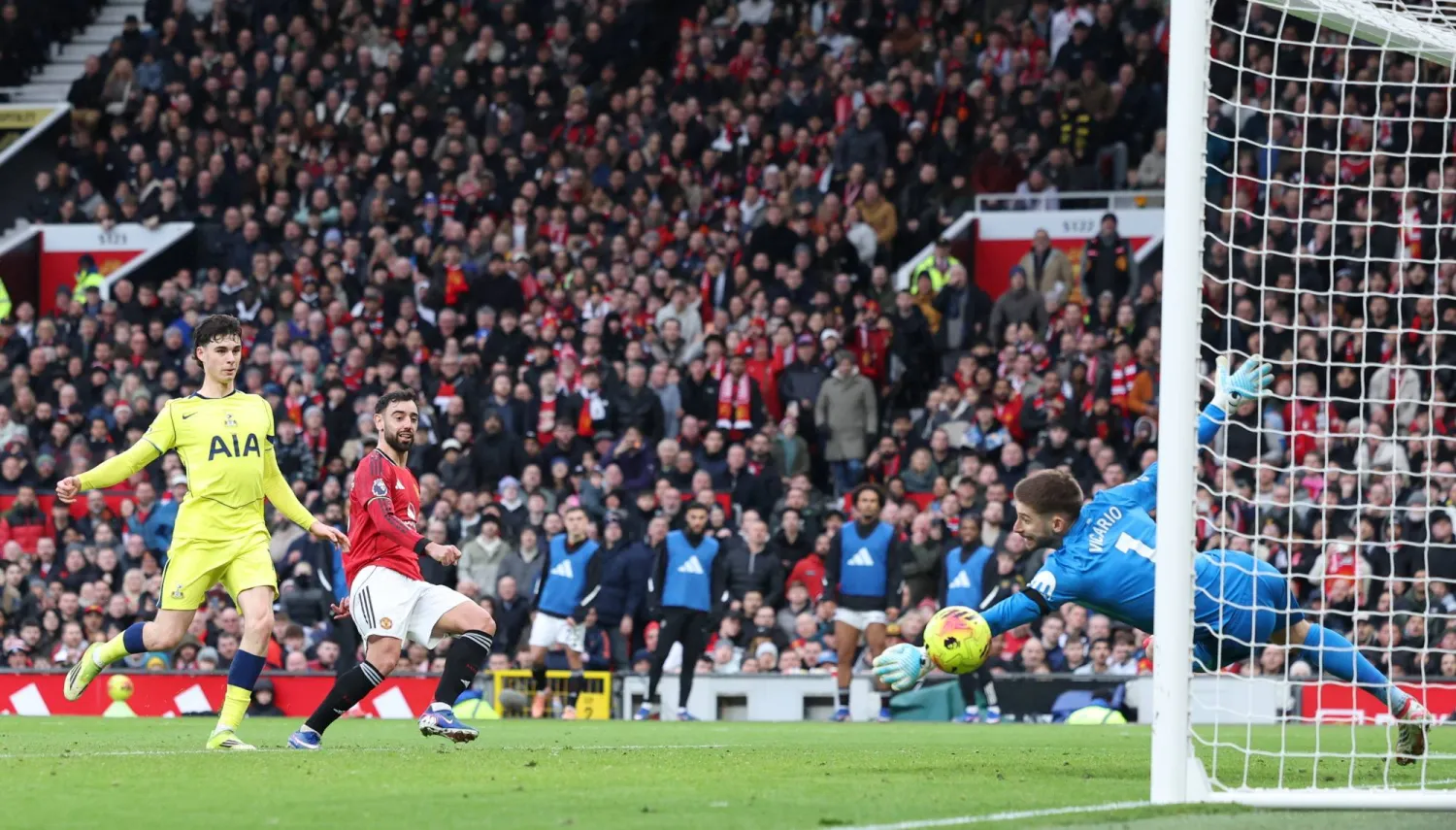 Bruno Fernandes of Manchester United scores the 2-0 goal during the English Premier League match between Manchester United and Tottenham Hotspur, in Manchester, Britain, 07 February 2026. (EPA)