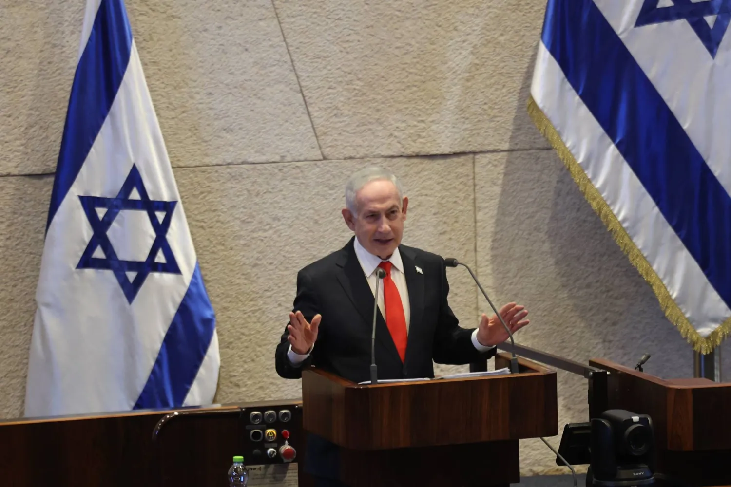 Israeli Prime Minister Benjamin Netanyahu delivers a speech during a special session to mark the 77th anniversary of the Knesset's establishment and the 60th anniversary of the dedication of the current building at the Knesset, the Israeli parliament, in Jerusalem, 02 February 2026. (EPA)