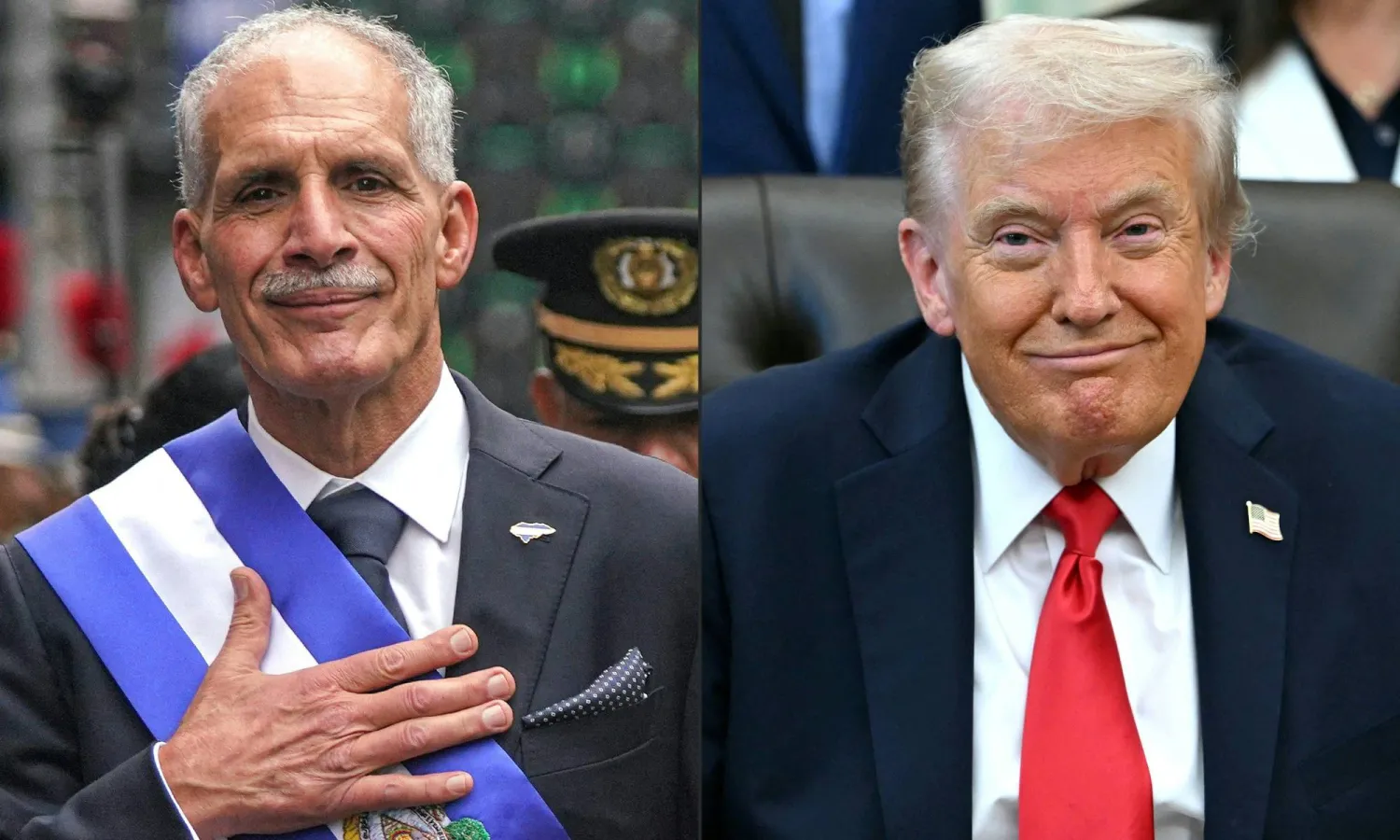 (COMBO) This combination of pictures created on February 06, 2026 shows Honduras' President Nasry Asfura walking following the inauguration ceremony at the Honduran Congress in Tegucigalpa on January 27, 2026, and US President Donald Trump smiling during an announcement in the Oval Office of the White House in Washington, DC, on October 16, 2025. (Photo by Johny MAGALLANES and ANDREW CABALLERO-REYNOLDS / AFP)