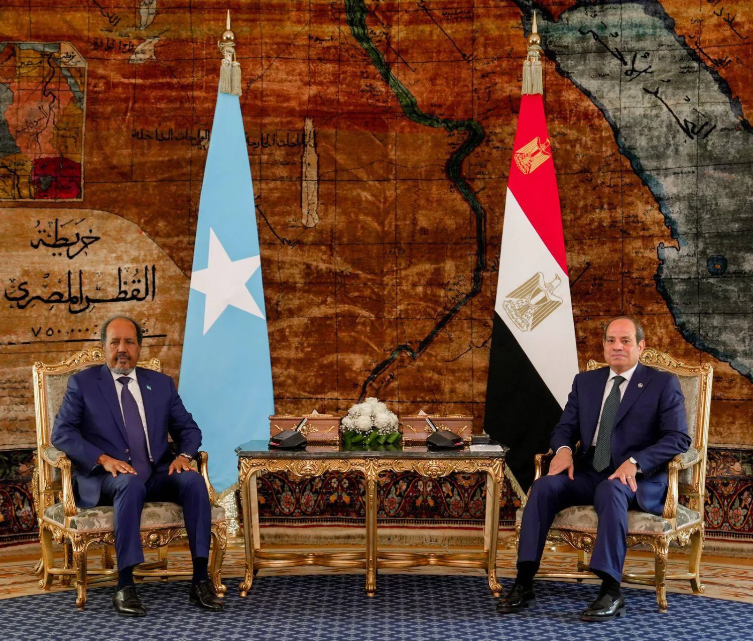 الرئيس المصري عبد الفتاح السيسي خلال جلسة مباحثات مع الرئيس الصومالي حسن شيخ محمود في القاهرة (الصفحة الرسمية للرئاسة المصرية)