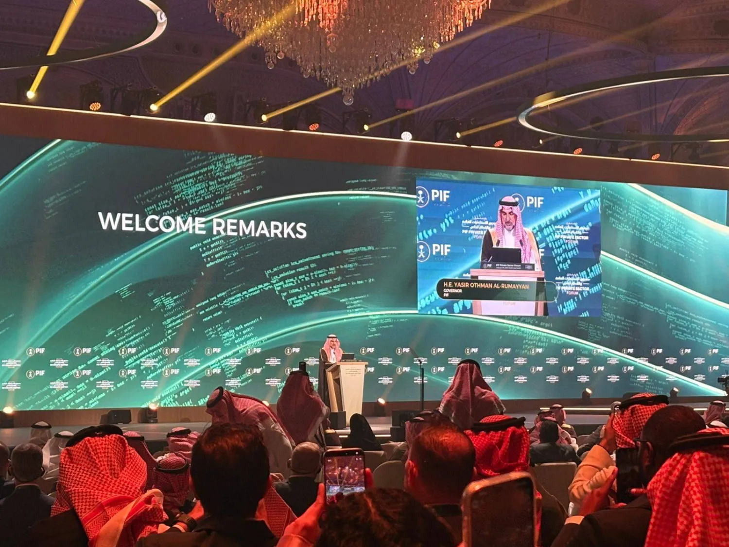 ياسر الرميان يتحدث إلى الحضور في الكلمة الافتتاحية لمنتدى صندوق الاستثمارات العامة والقطاع الخاص (الشرق الأوسط)