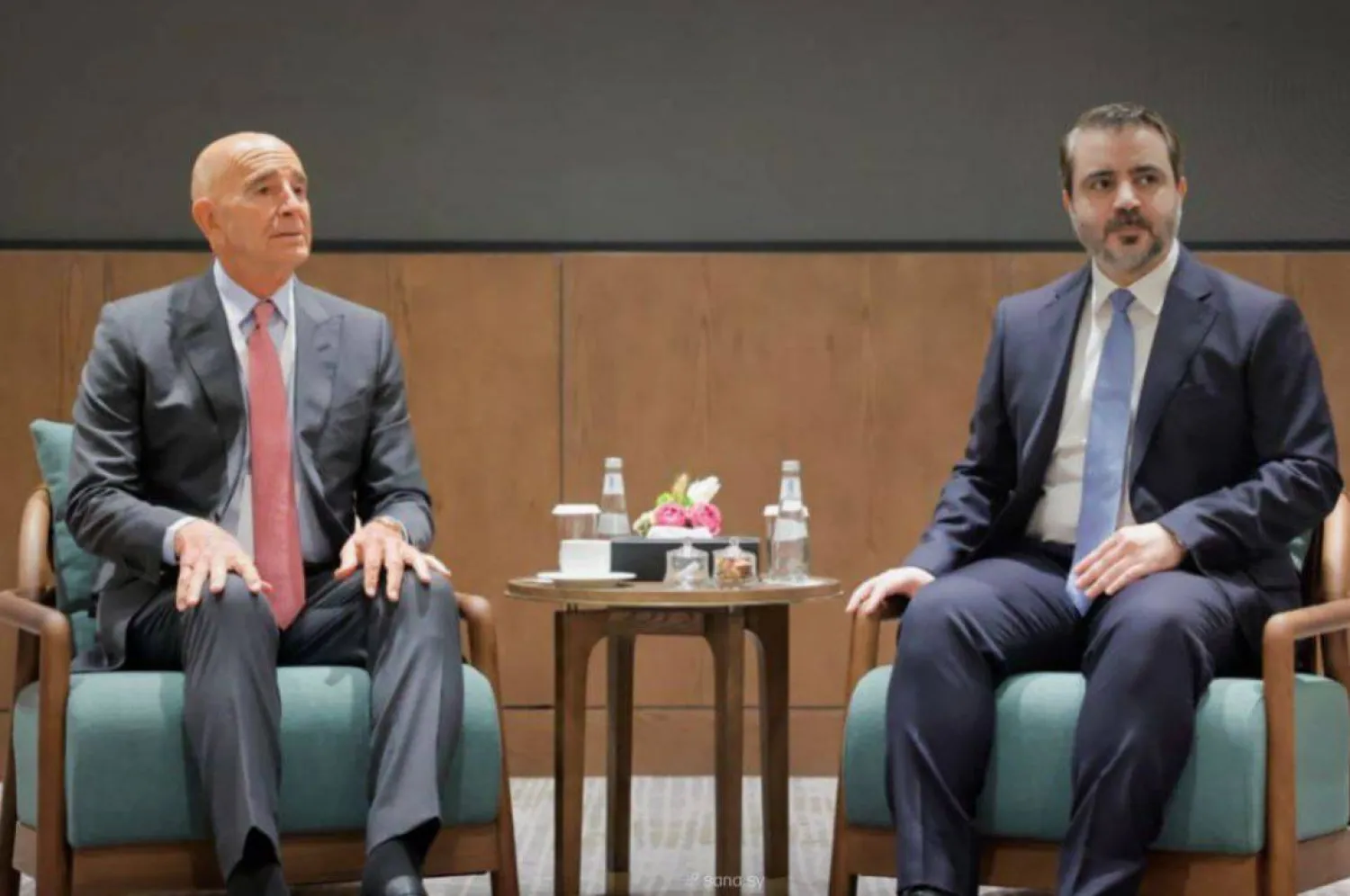 Syrian Foreign Minister Asaad Hassan al-Shibani during his meeting with US Special Envoy to Syria Thomas Barrack in Riyadh (SANA)