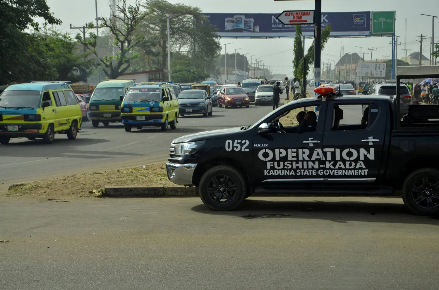 FILE PHOTO: A police vehicle of Operation Fushin Kada (Anger of Crocodile) is parked on Yakowa Road, as schools across northern Nigeria reopen nearly two months after closing due to security concerns, following the mass abductions of school children, in Kaduna, Nigeria, January 12, 2026. REUTERS/Nuhu Gwamna/File Photo
