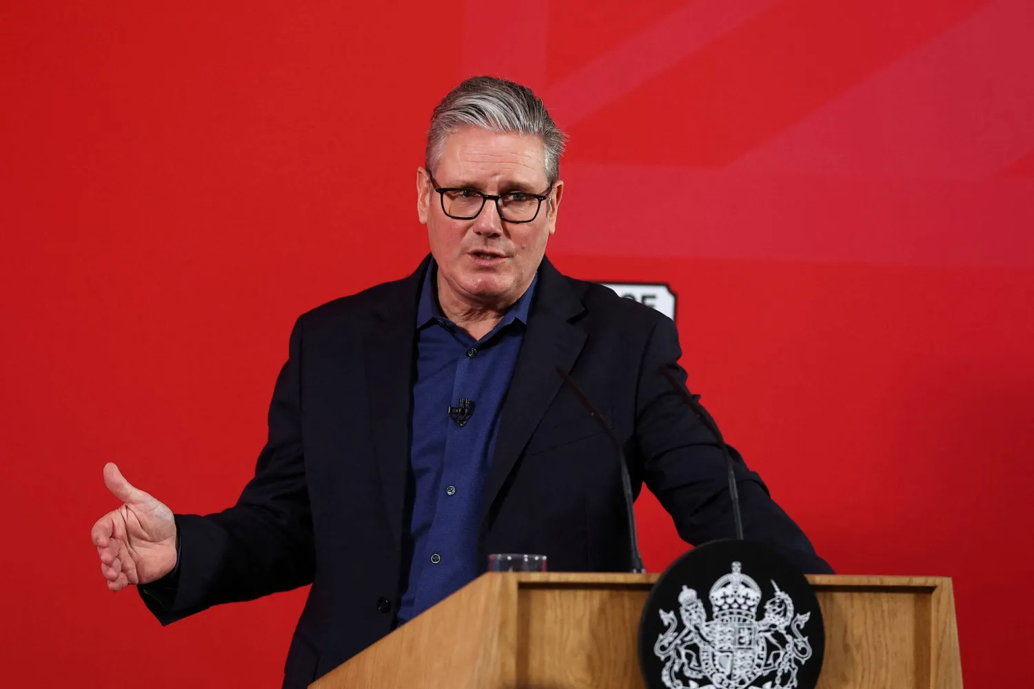British Prime Minister Keir Starmer delivers a speech at Horntye Park Sports Complex in St Leonards, Britain, February 05, 2026. Peter Nicholls/Pool via REUTERS