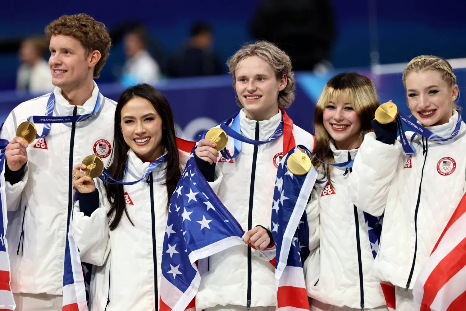 Gold medalists team USA celebrate during the medal ceremony after the Team Event Free Skating of the Figure Skating competitions at the Milano Cortina 2026 Winter Olympic Games, in Milan, Italy, 08 February 2026. (EPA)
