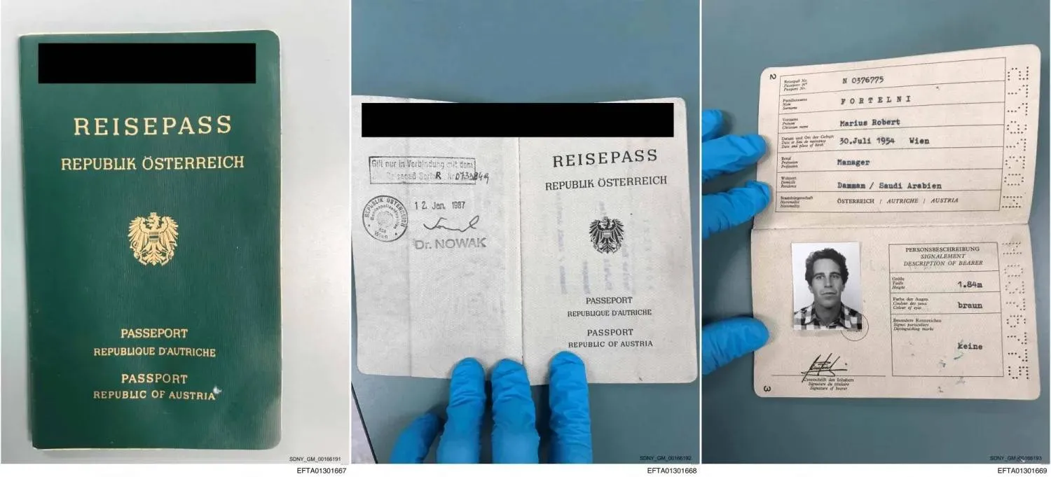 This combination of three undated pictures provided by the US Department of Justice on January 30, 2026 as part of the Jeffrey Epstein files show an Austrian passport Jeffrey Epstein used under the assumed name of Marius Robert Fortelni (AFP) 