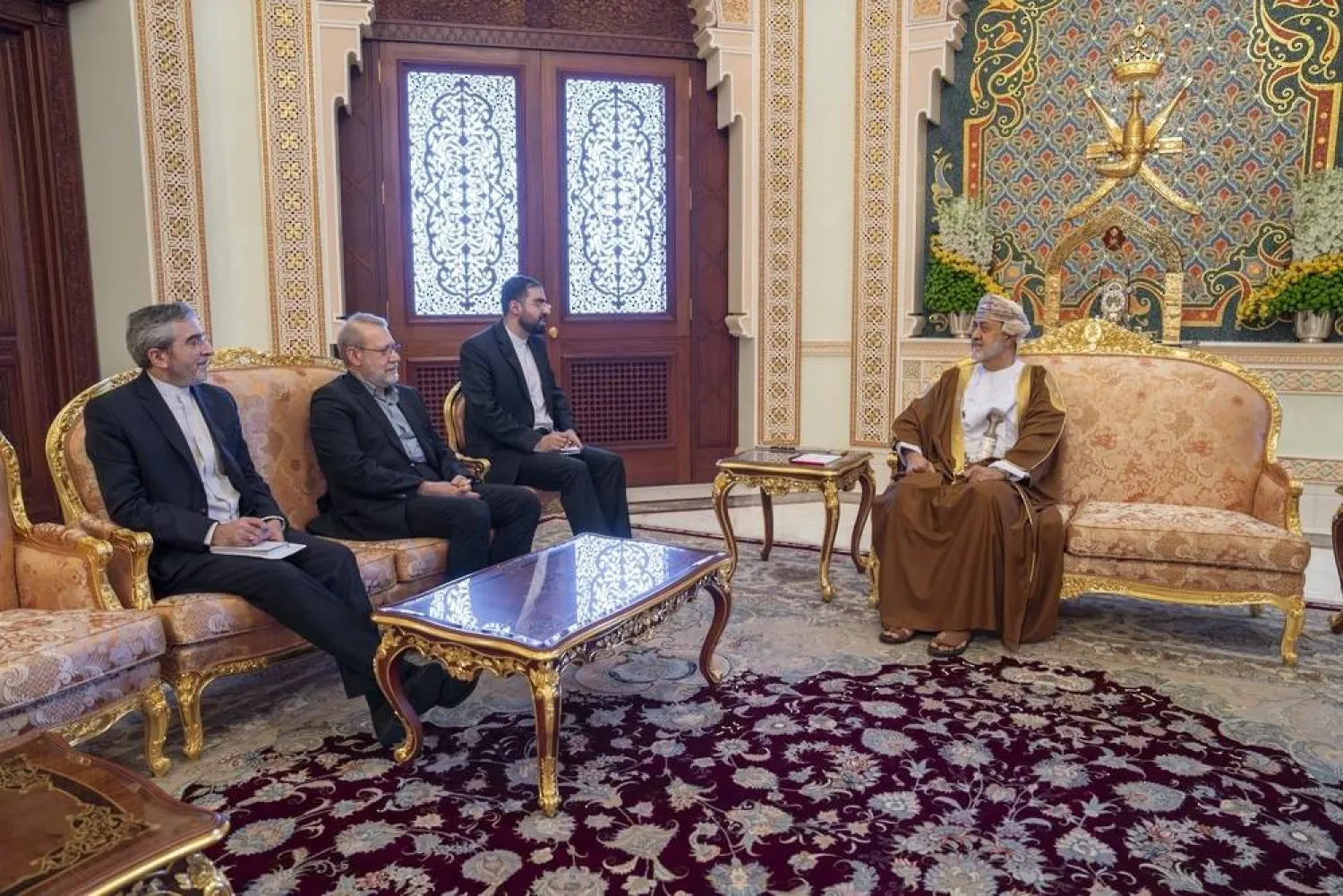 Oman’s Sultan Haitham bin Tarik meets with Secretary of Iran's Supreme National Security Council Ali Larijani in Muscat on Tuesday. (ONA)