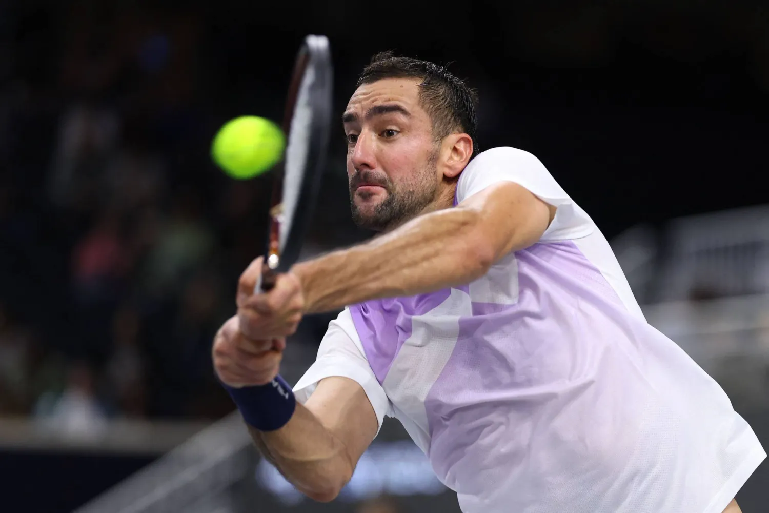 Marin Cilic of Croatia plays a shot to Learner Tien of the United States in the Men's Singles Round of 32 match during day two of the 2026 Dallas Open at The Ford Center at The Star on February 10, 2026 in Frisco, Texas. (Getty Images via AFP)