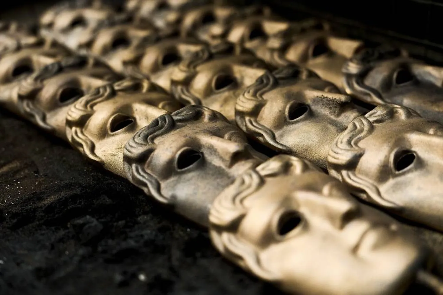 Completed British Academy Film Awards masks at the FSE Foundry in Braintree, England on Tuesday, Feb. 10, 2026. (AP) 