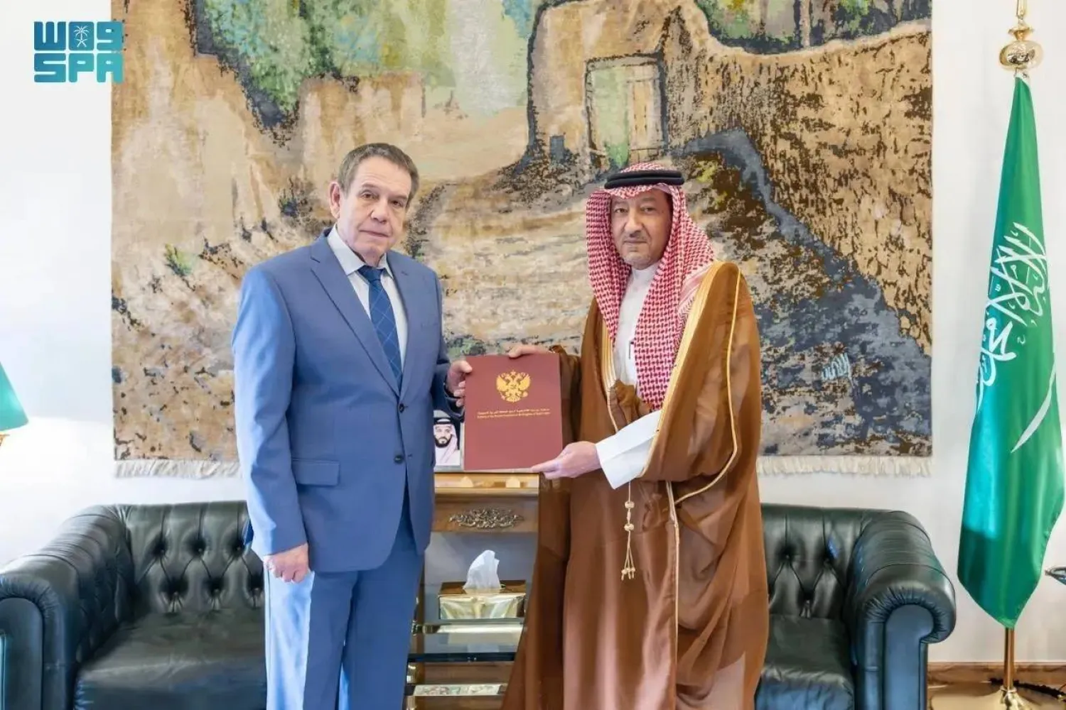 Vice Minister of Foreign Affairs Waleed Elkhereiji and Russian Ambassador to the Kingdom Sergey Kozlov meet in Riyadh on Wednesday. (SPA)