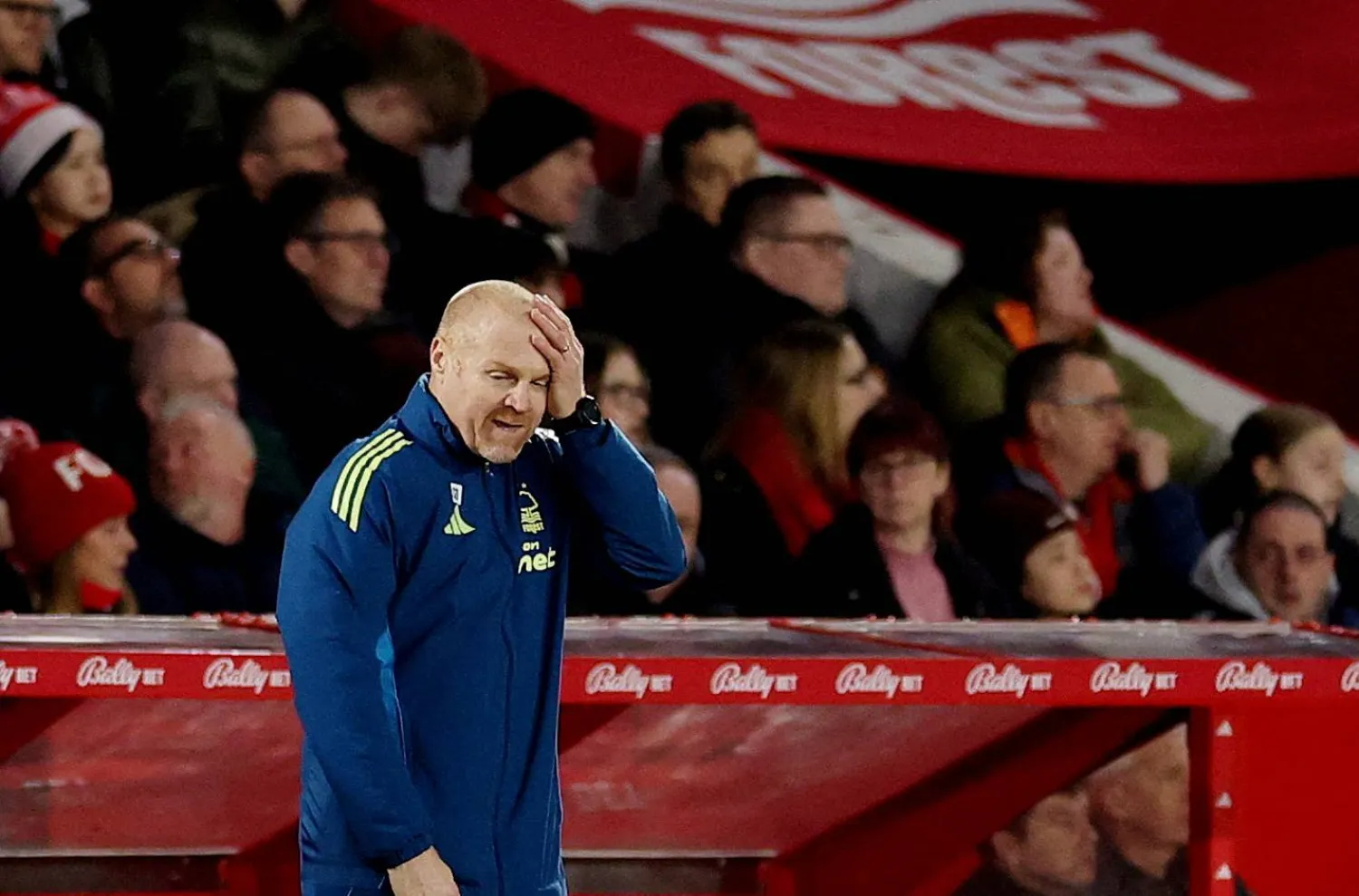 FILE PHOTO: Soccer Football - Premier League - Nottingham Forest v Wolverhampton Wanderers - The City Ground, Nottingham, Britain - February 11, 2026 Nottingham Forest manager Sean Dyche reacts Action Images via Reuters/Andrew Boyers