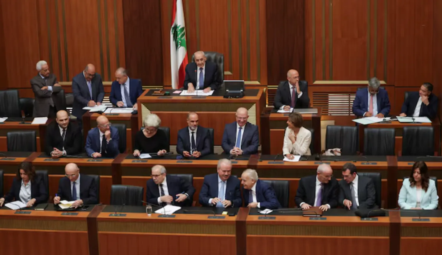 Lebanese Parliament Speaker Nabih Berri and members of the Lebanese government attend a parliament session in Beirut, Lebanon July 15, 2025. REUTERS/Emilie Madi 