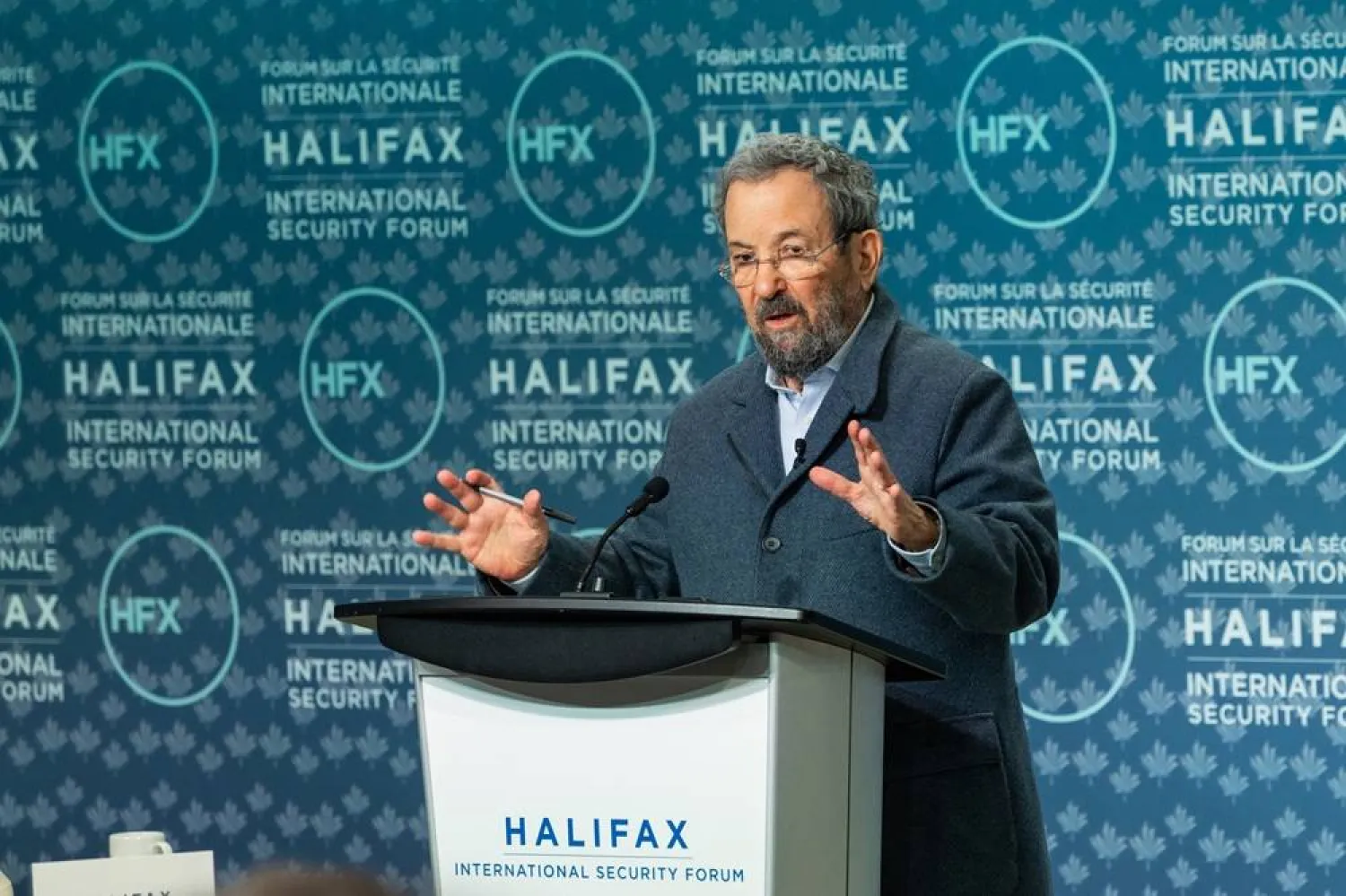 Former Israeli Prime Minister Ehud Barak speaks at the Halifax International Security Forum, Saturday, Nov. 22, 2025. (The Canadian Press via AP, File) 