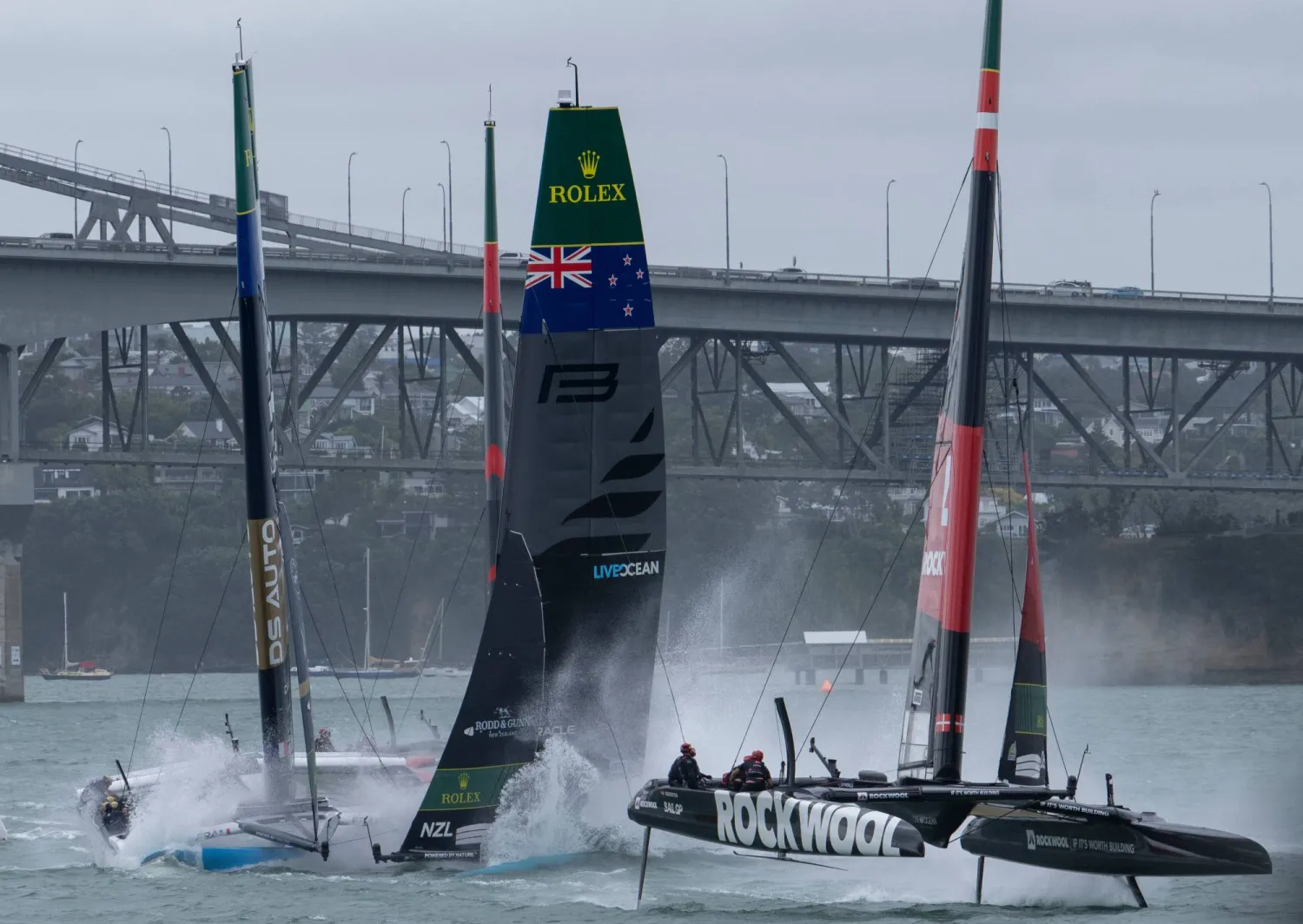 Black Foils SailGP Team helmed by Peter Burling and DS Automobiles SailGP Team France helmed by Quentin Delapierre collide during racing on Race Day 1 of the ITM New Zealand Sail Grand Prix in Auckland, New Zealand, Saturday, Feb. 14, 2026. (Andrew Baker/ SailGP via AP)