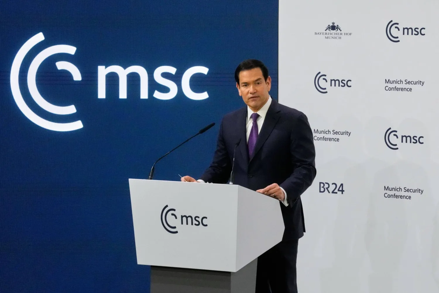 US Secretary of State Marco Rubio speaks during the Munich Security Conference in Munich, Germany, Saturday, Feb. 14, 2026. (AP Photo/Michael Probst)