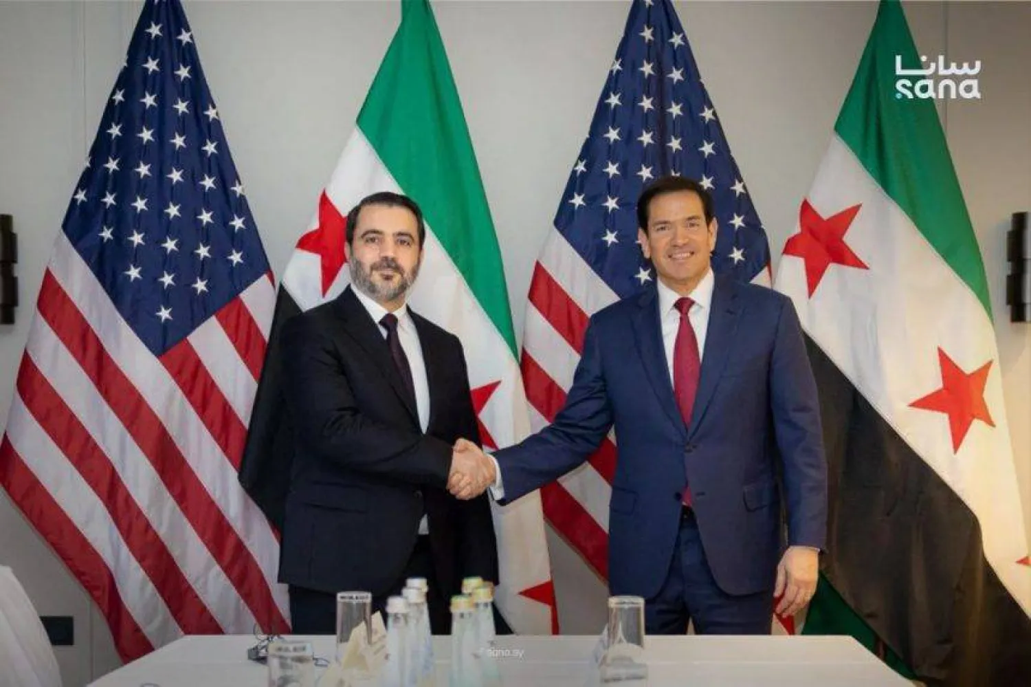 Syrian Foreign Minister Asaad al-Shaibani and US Secretary of State Marco Rubio. SANA