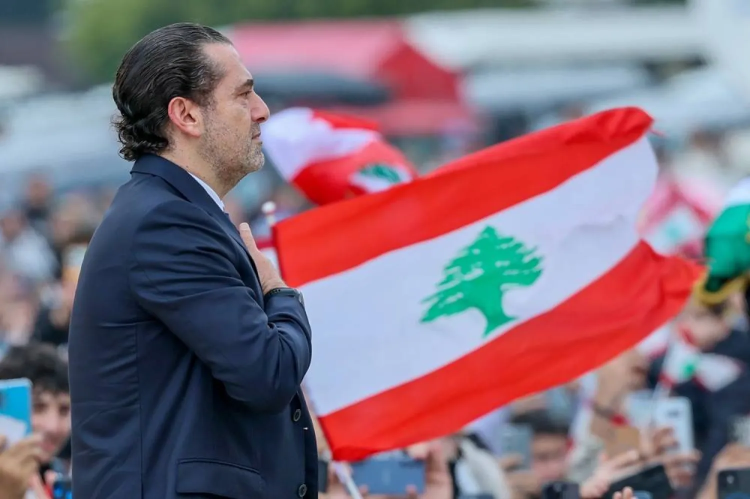Former Lebanese Prime Minister Saad Hariri greets supporters during his visit to the grave of his father, late Lebanese Prime Minister Rafik Hariri, on the 21st anniversary of his assassination, in Downtown Beirut, Lebanon, 14 February 2026. (EPA)