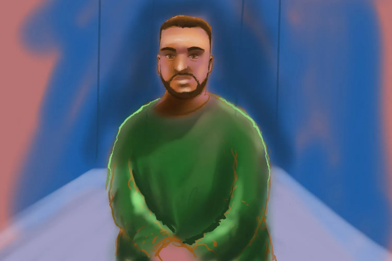 رسم تخطيطي يُظهر المتهم بإطلاق النار في بونداي نويد أكرم وهو يمثل عبر رابط فيديو أمام محكمة داونينغ سنتر المحلية في سيدني (أ.ف.ب)