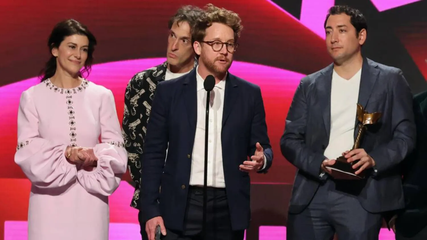 'Train Dreams' director Clint Bentley speaks to the audience after his film grabbed best feature at the Film Independent Spirit Awards, as it continues its best picture Oscars campaign. KEVIN WINTER / GETTY IMAGES NORTH AMERICA/AFP
