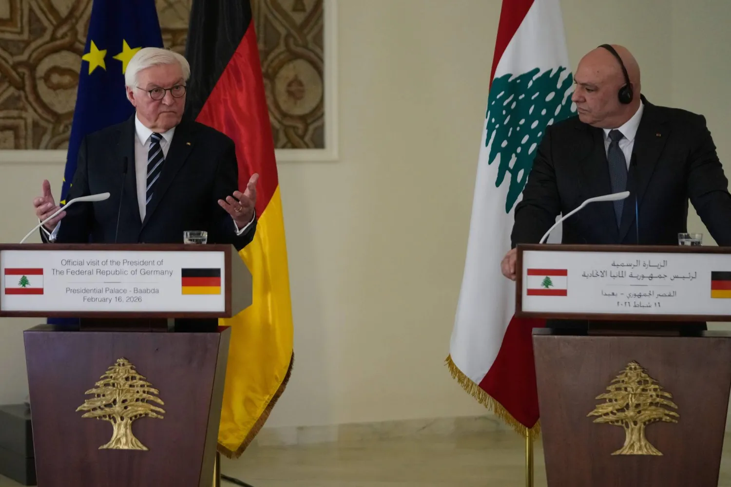 شتاينماير وعون بمؤتمر صحافي مشترك في بيروت (أ.ب)