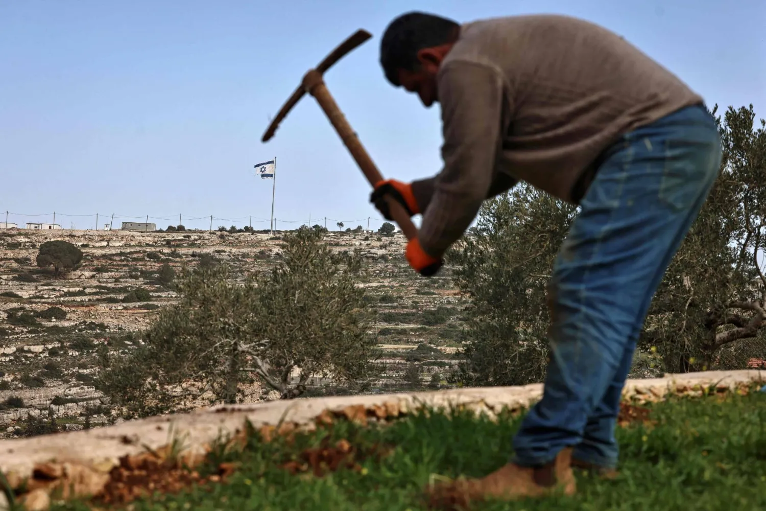 فلسطيني يعمل في أرضه بقرية أم صفا شمال رام الله أمس (أ.ف.ب)