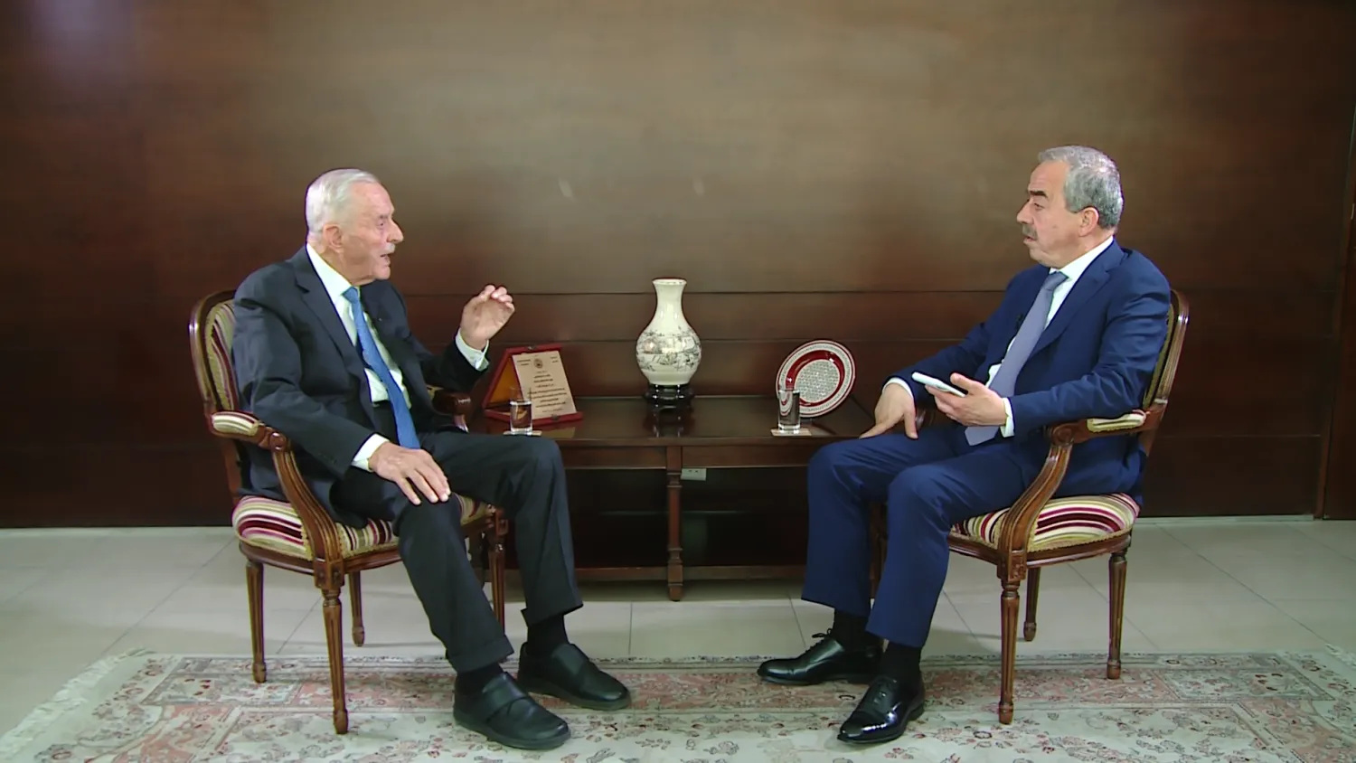 Ahmad Obeidat during the interview with Asharq Al-Awsat's Editor-in-Chief Ghassan Charbel in Amman. (Asharq Al-Awsat) 