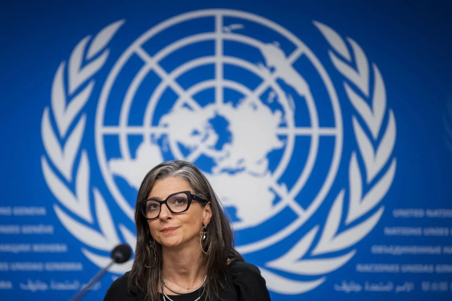 United Nations (UN) Special Rapporteur on the occupied Palestinian territories Francesca Albanese looks on at the end of a press conference on the human rights situation in Gaza in Geneva on September 15, 2025. (AFP)