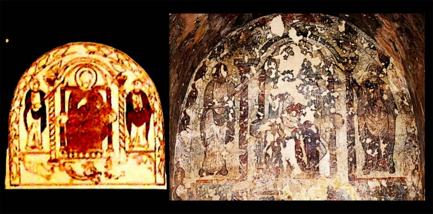 الأمير متربعاً على عرشه في لوحة من جداريات قصير عمرة مع رسم توثيقي حديث لهذه اللوحة