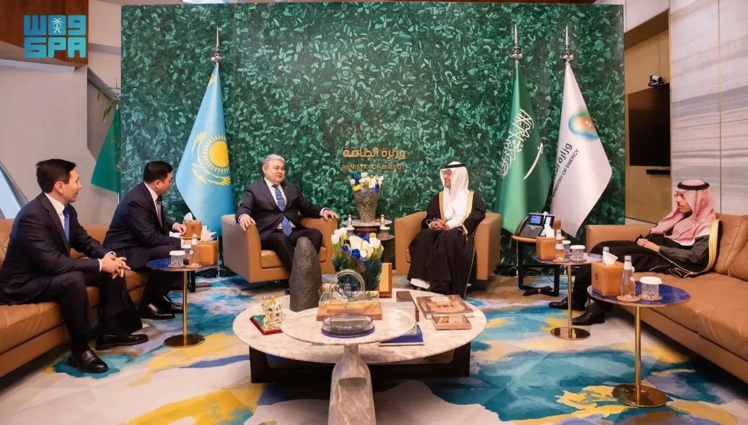 Saudi Minister of Energy Prince Abdulaziz bin Salman bin Abdulaziz receives Kazakhstan’s Foreign Minister Yermek Kosherbayev in Riyadh. (SPA)