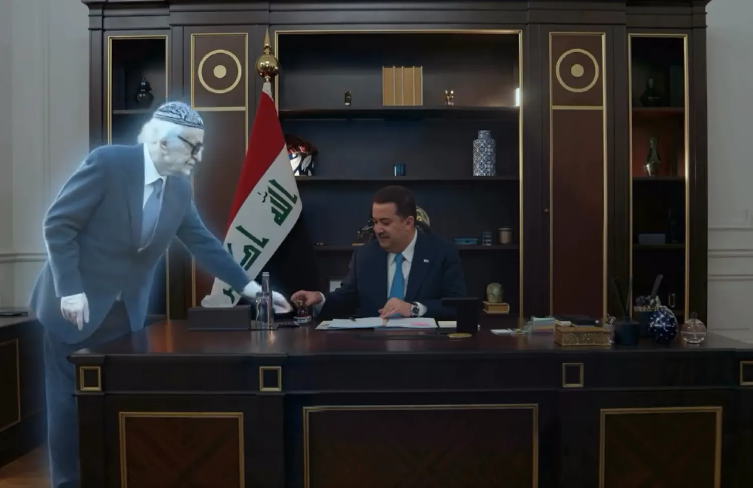 The late Iraqi poet Muhammad Mahdi al-Jawahiri serves tea to Prime Minister Mohammed Shia al-Sudani, as portrayed in a Ramadan advertisement