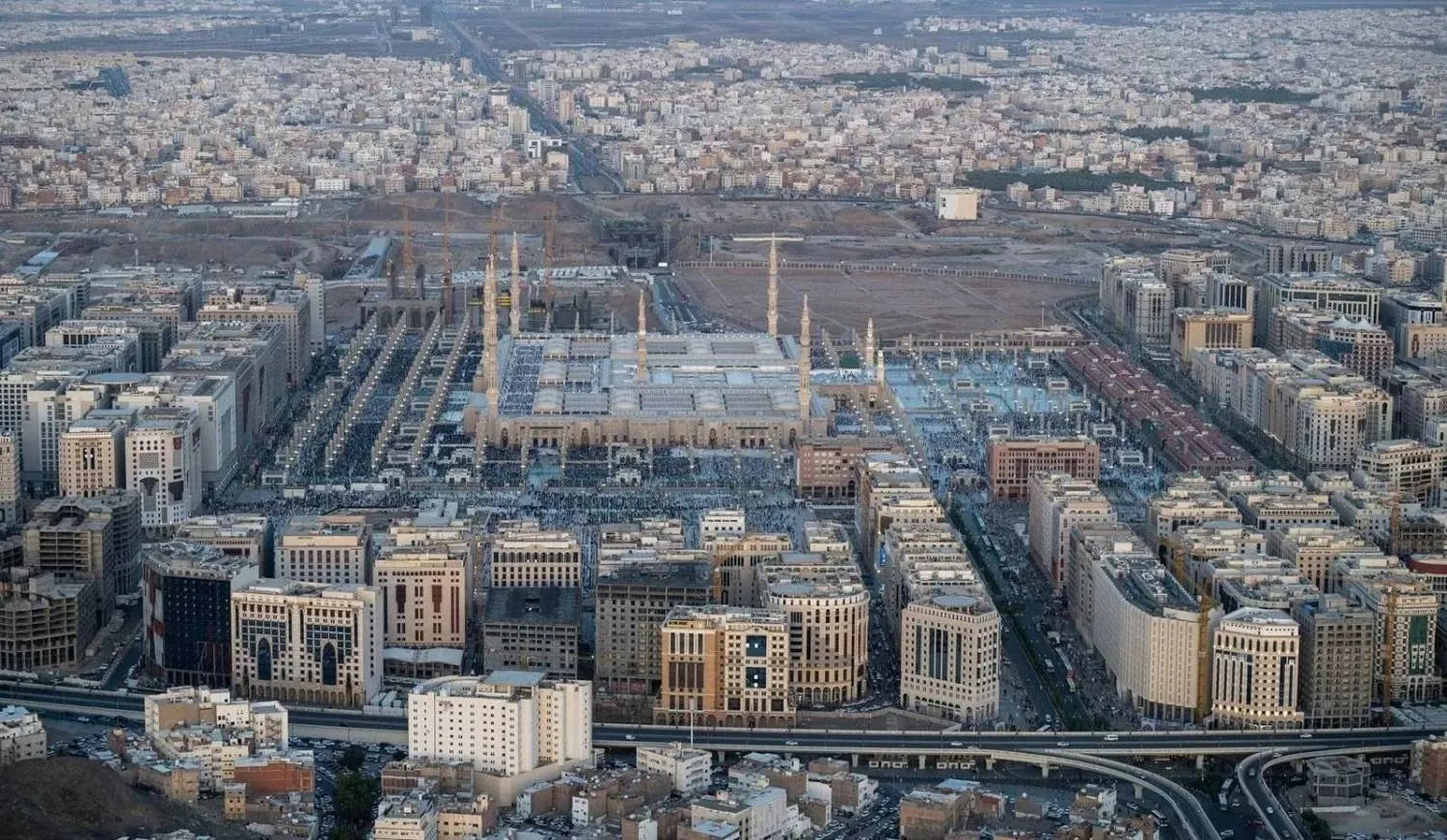 A cluster of buildings and hotels surrounding the Prophet’s Mosque (SPA). 