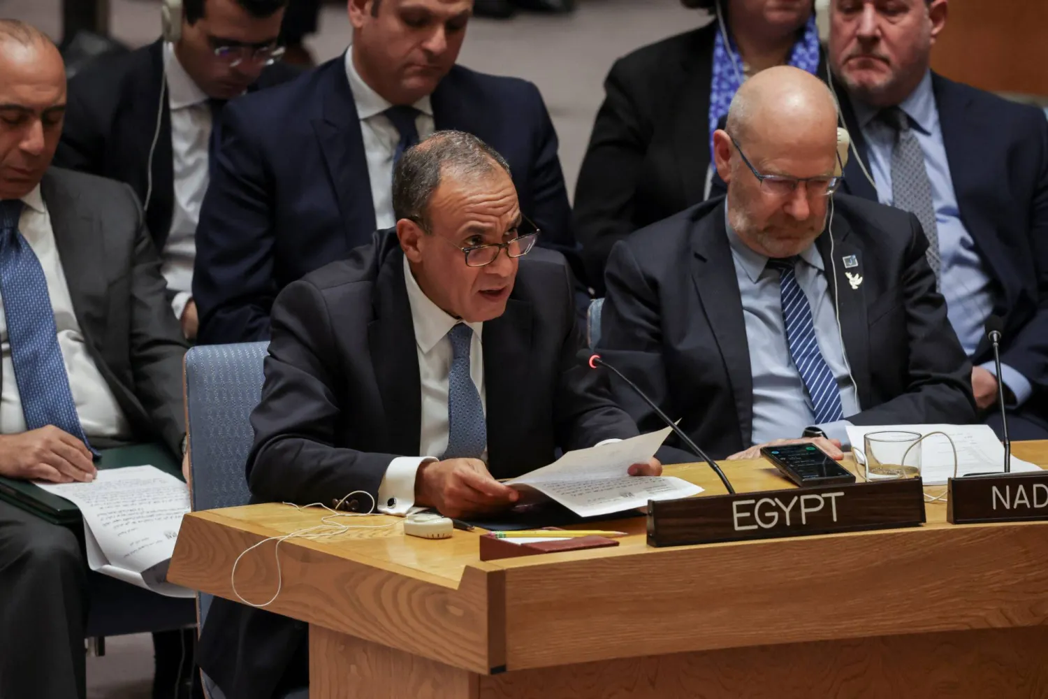 عبد العاطي خلال جلسة مجلس الأمن حول الشرق الأوسط بمقر الأمم المتحدة في نيويورك أمس (رويترز)