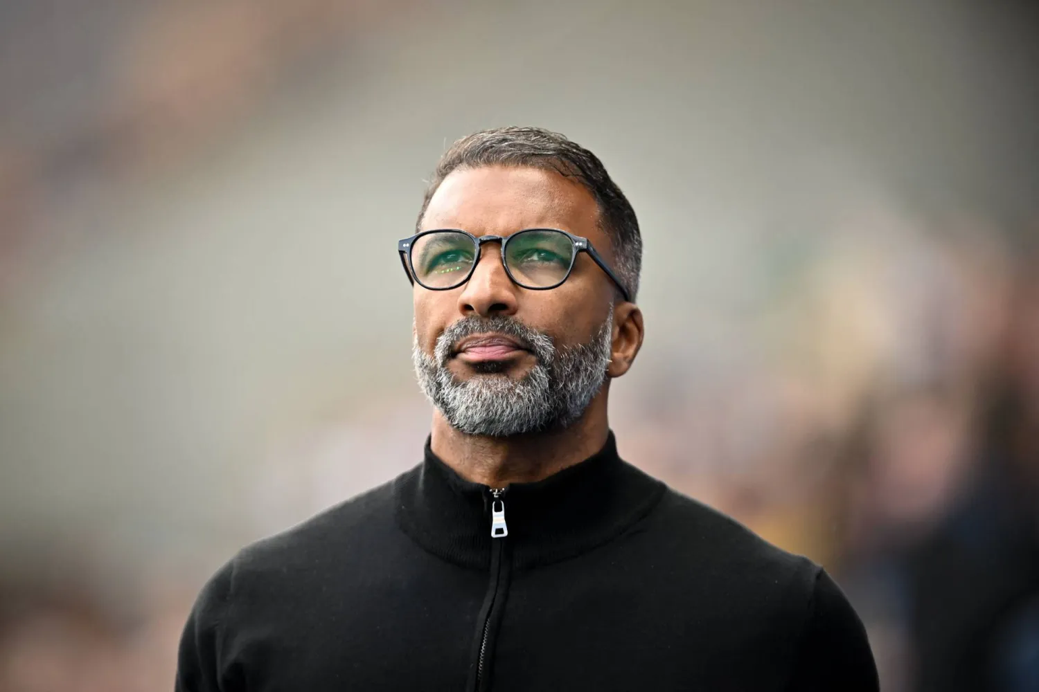 (FILES) Rennes' French-Senegalese head coach Habib Beye looks on before the French L1 football match between Le Havre AC (HAC) and Rennes at the Oceane Stadium in Le Havre, Northwestern France, on April 13, 2025. (Photo by Lou BENOIST / AFP)