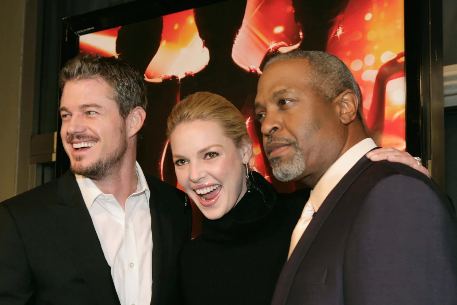 FILE - Actor Eric Dane, left, Katherine Heigl, center, and James Pickens Jr. from the show "Grey's Anatomy" arrive at the premiere of "Dreamgirls," in Beverly Hills, Calif., Dec. 11, 2006. (AP Photo/Matt Sayles, File)