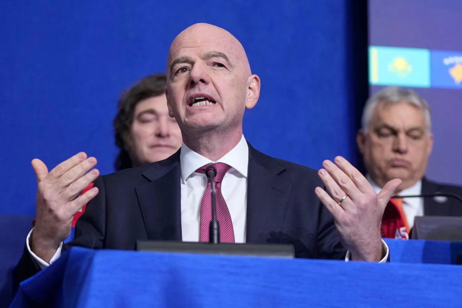 FIFA President Gianni Infantino speaks during a Board of Peace meeting at the US Institute of Peace, Thursday, Feb. 19, 2026, in Washington. (AP Photo/Mark Schiefelbein)