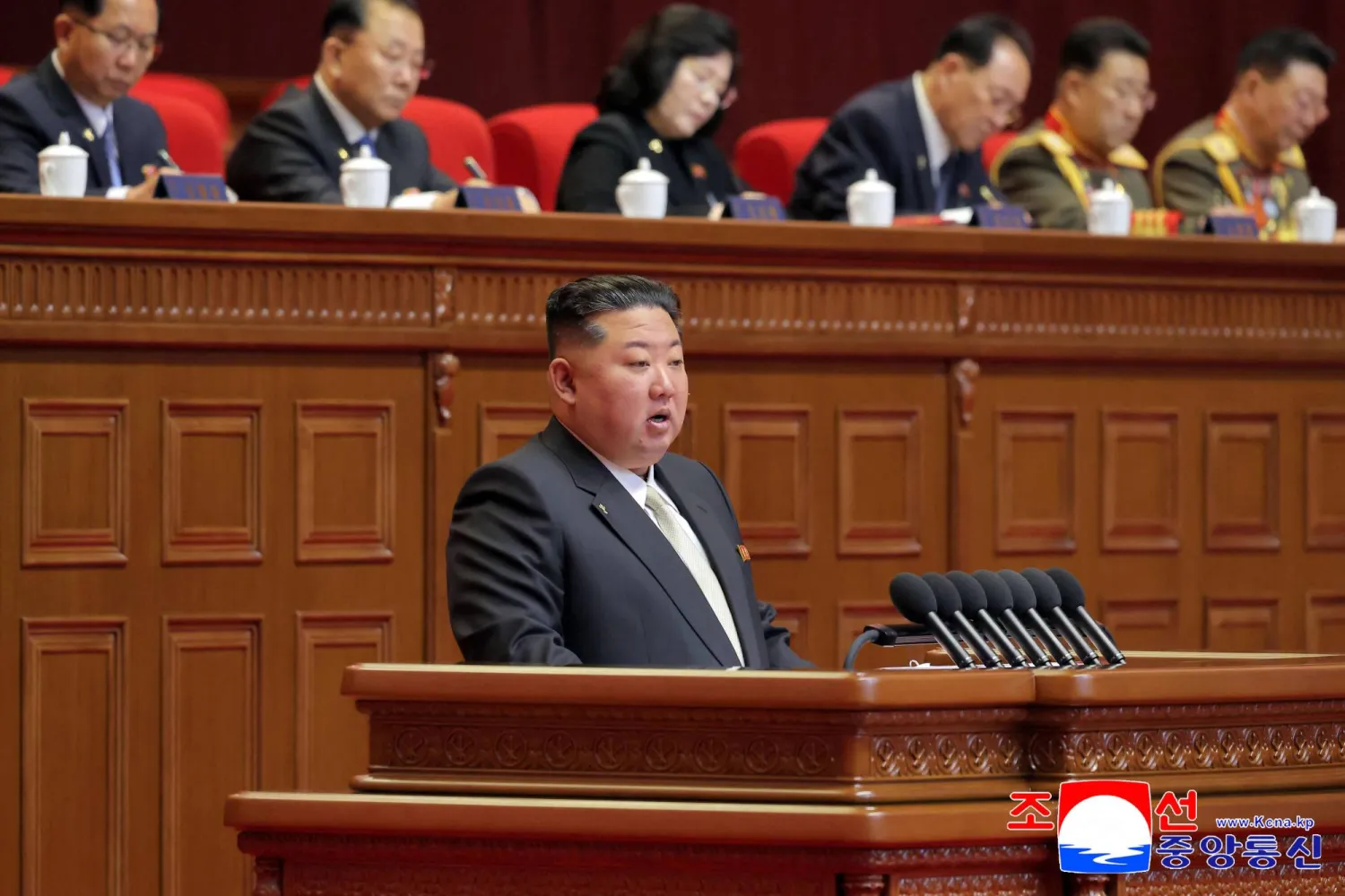 This picture taken on February 19, 2026 and released by North Korea's official Korean Central News Agency (KCNA) on February 20, 2026 shows North Korean leader Kim Jong Un delivering the opening address at the Ninth Congress of the Workers' Party of Korea in Pyongyang. (KCNA VIA KNS / AFP) 