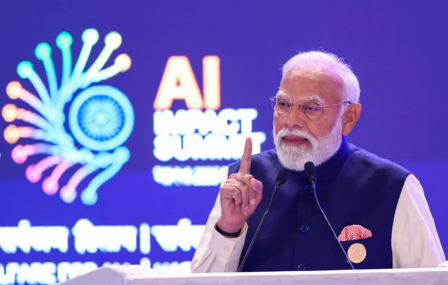 A handout photo made available by the Press Information Bureau (PIB) of Indian Prime Minister Narendra Modi speaking with global leaders at the AI Impact Summit 2026 at Bharat Mandapam in New Delhi, India, 19 February 2026.EPA/PRESS INFORMATION BUREAU HANDOUT HANDOUT
